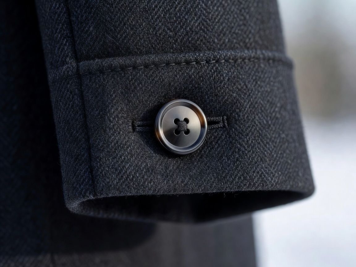 Close-up of a winter coat cuff and button with a neat, polished finish