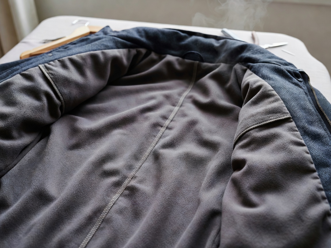 Close-up view of winter coat lining and seam detail during garment care