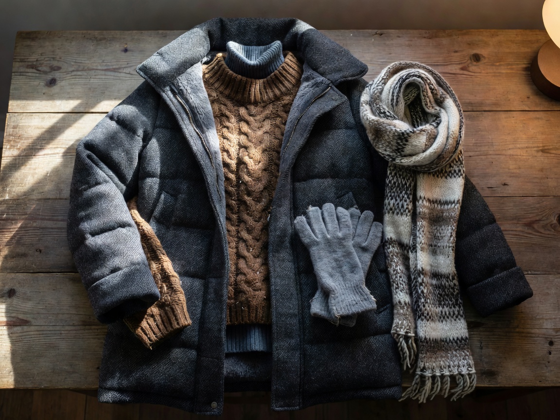 Winter coat and knit layers arranged for a day that continues into evening