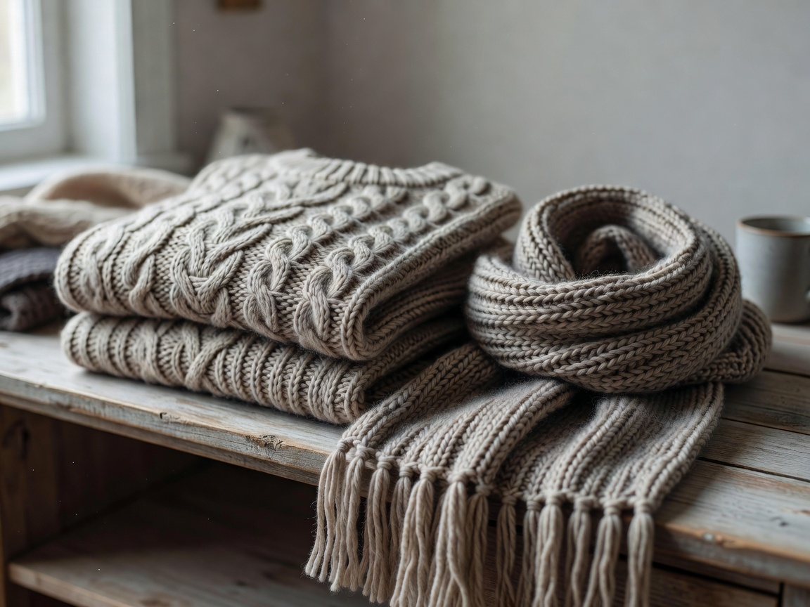 A familiar winter knit and scarf arranged as reusable wardrobe staples