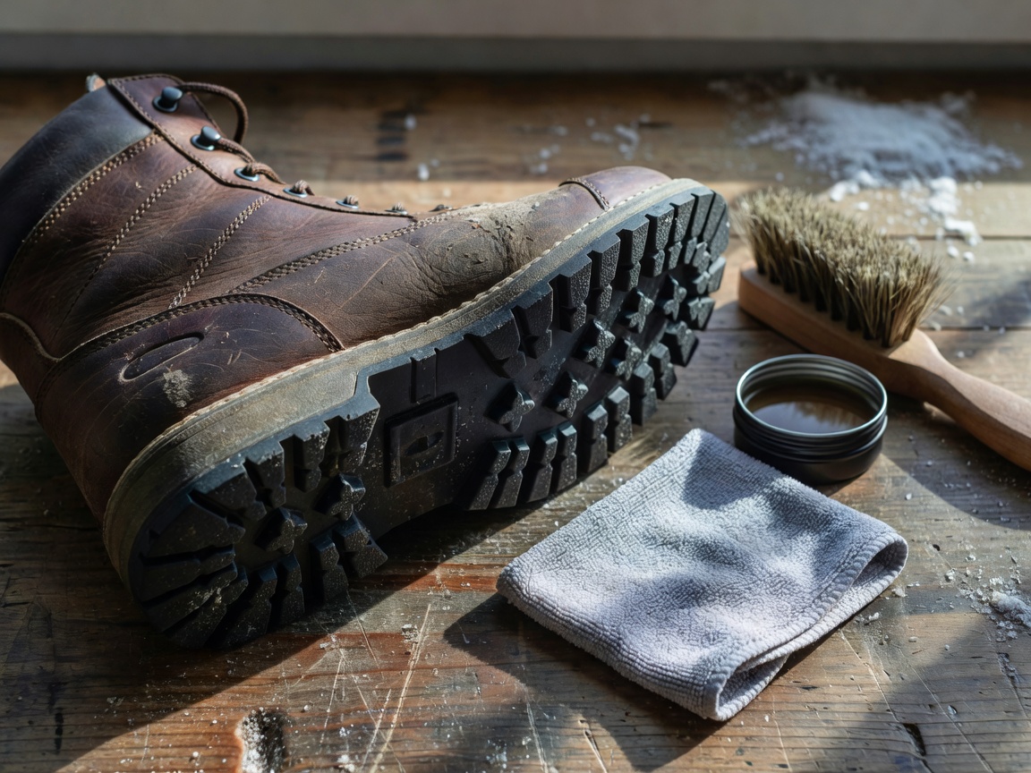 Close-up of winter boot stitching and sole texture ready for routine care