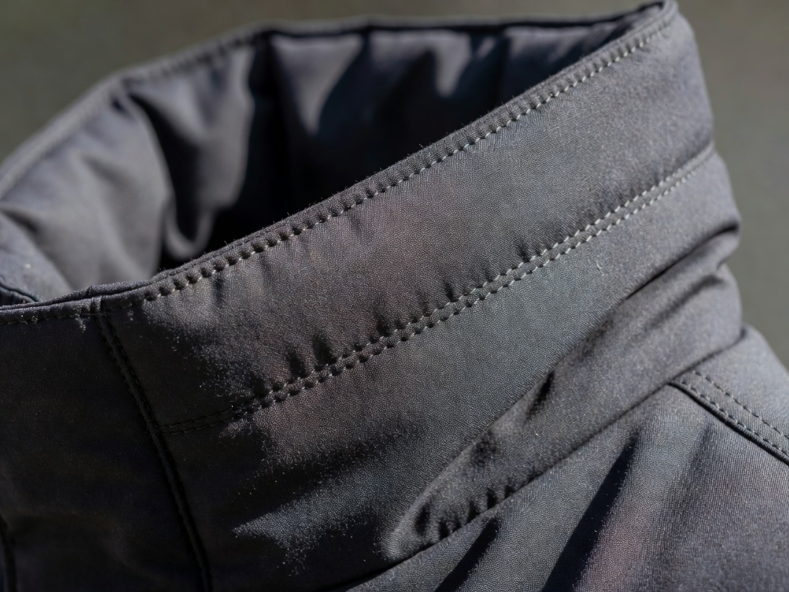 Close-up of a coat collar and stitched seam showing outerwear construction