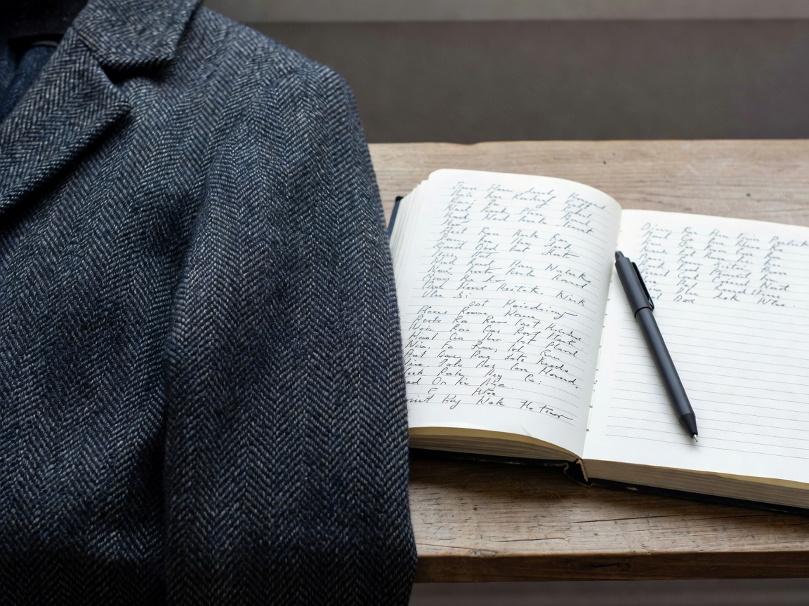 Close-up of a winter coat fabric beside a notebook of wardrobe notes