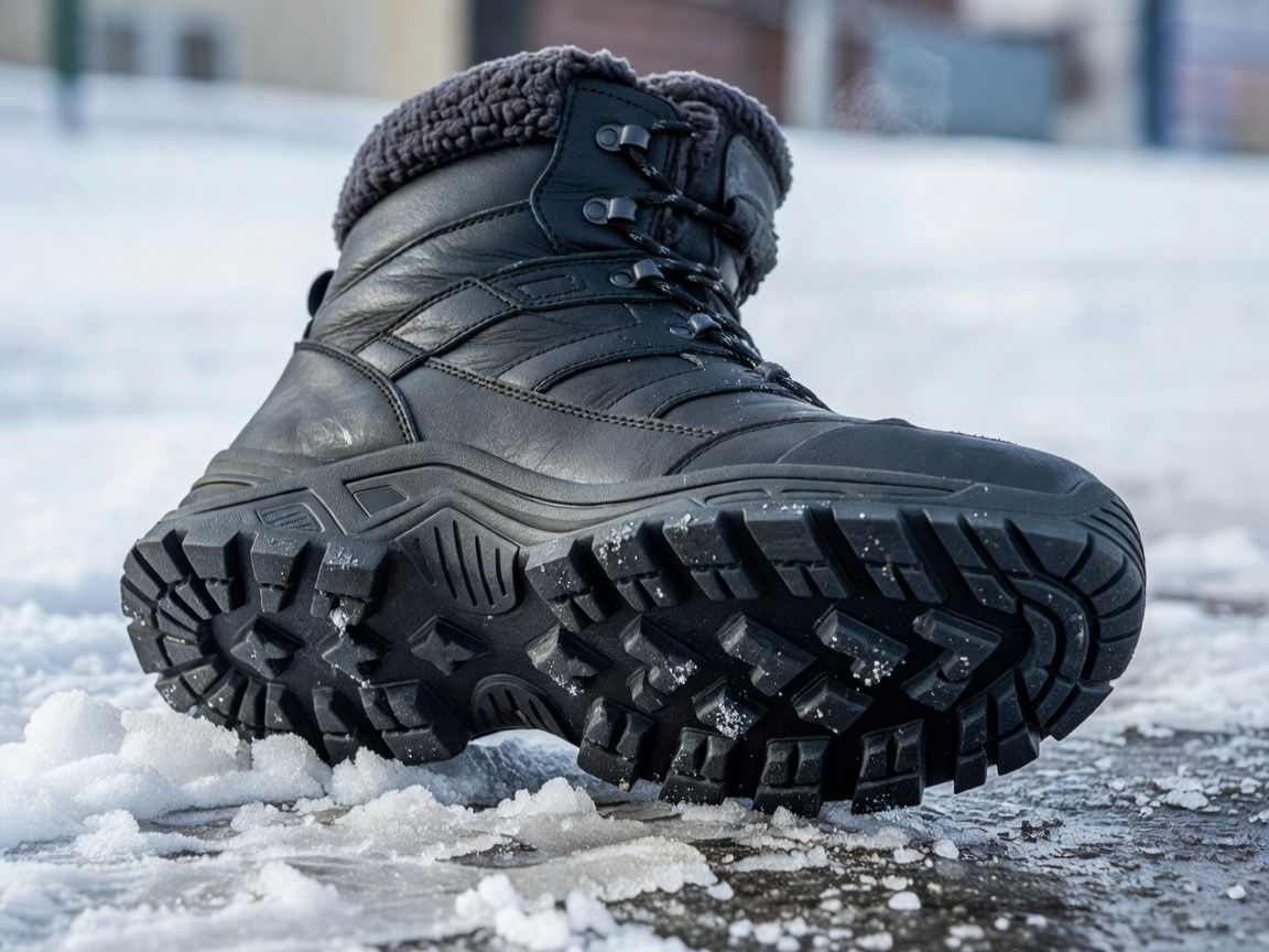 Close-up of practical winter footwear detail and textured tread
