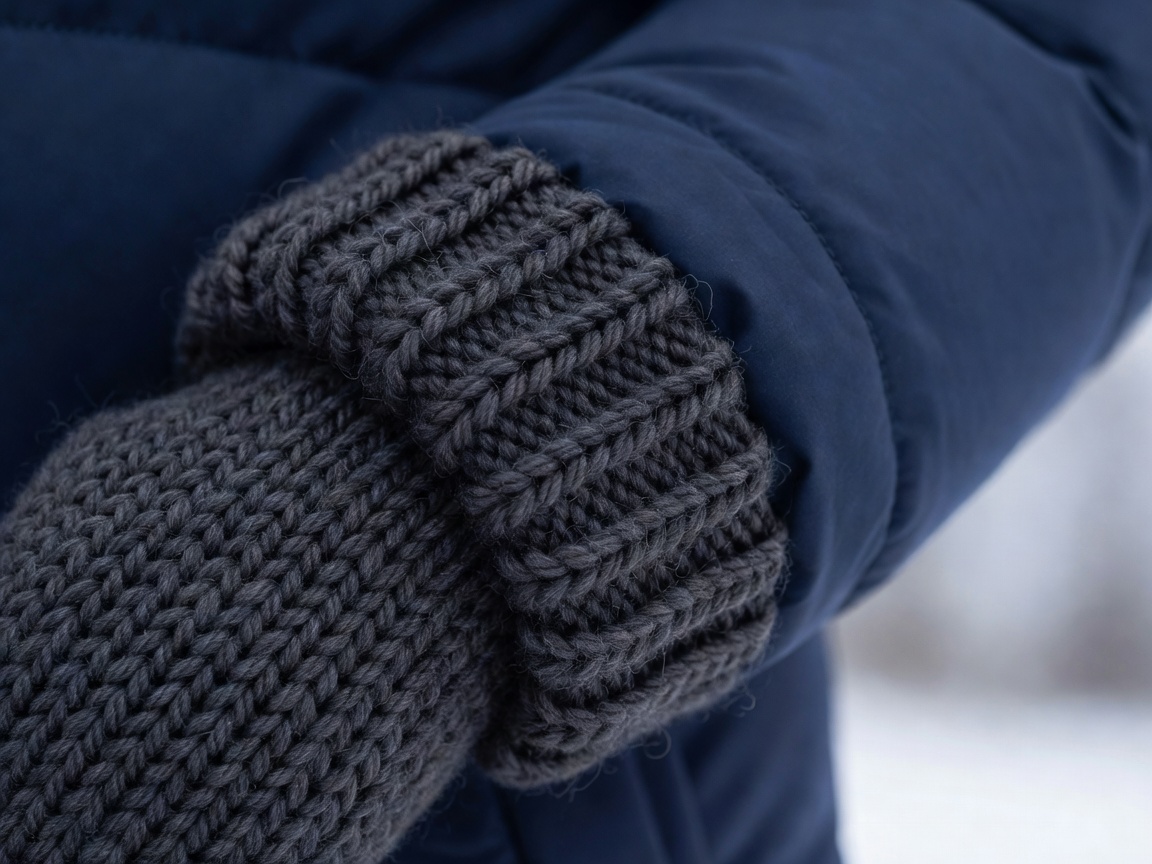 Close-up of a comfortable knit cuff beside the sleeve of a winter coat