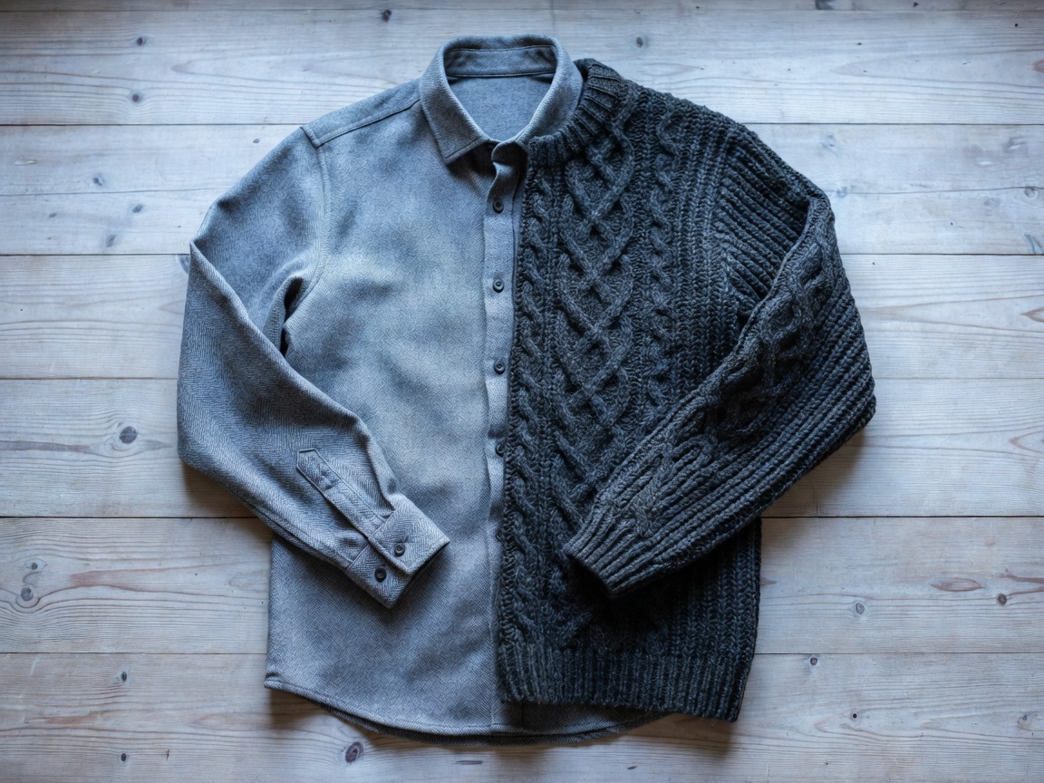 Soft knit and shirt layers arranged for a cold-weather outfit