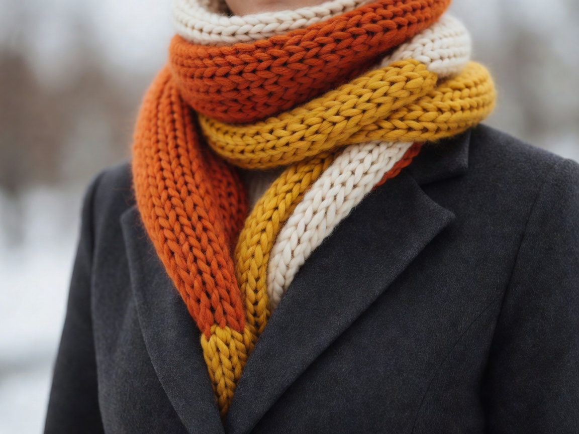 A warm scarf layered over a dark winter coat in soft focus